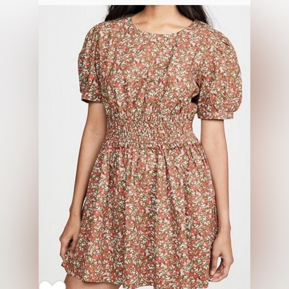 FREE PEOPLE Green Red Floral Pennie Puffed Sleeve Mini Dress Size Small S Womens - Picture 1 of 9